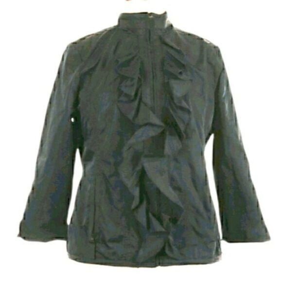 Chico's Jacket Soft Shell Windbreaker Ruffled Front Zip Up Mock Neck Black Sz 1 - Picture 1 of 10